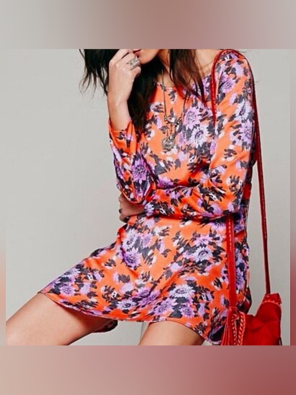 Free People Parker Floral LS Mini Dress Multi 0 EUC Boho Cottage Prairie Summer